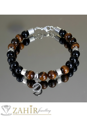  Удивителна гривна  от ест. черен лъскав оникс и тигрово око 8 мм с буквен инициал, налична в 7 размера, стоманени детайли - MGA1697